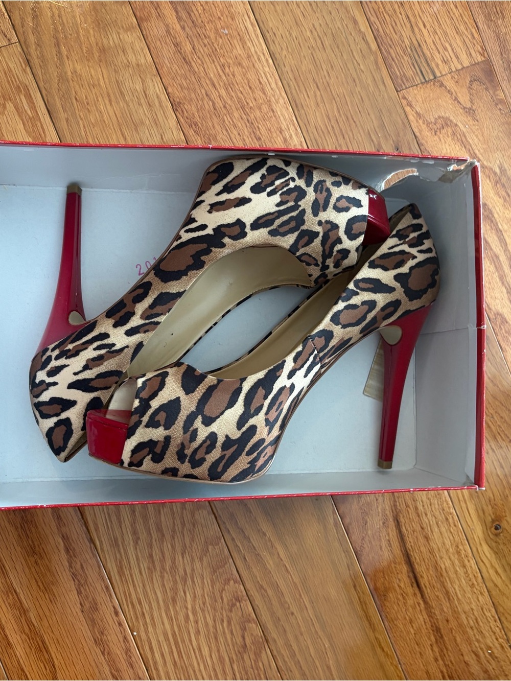 Guess Leopard Print Peep-Toe Heels with Red Accents
